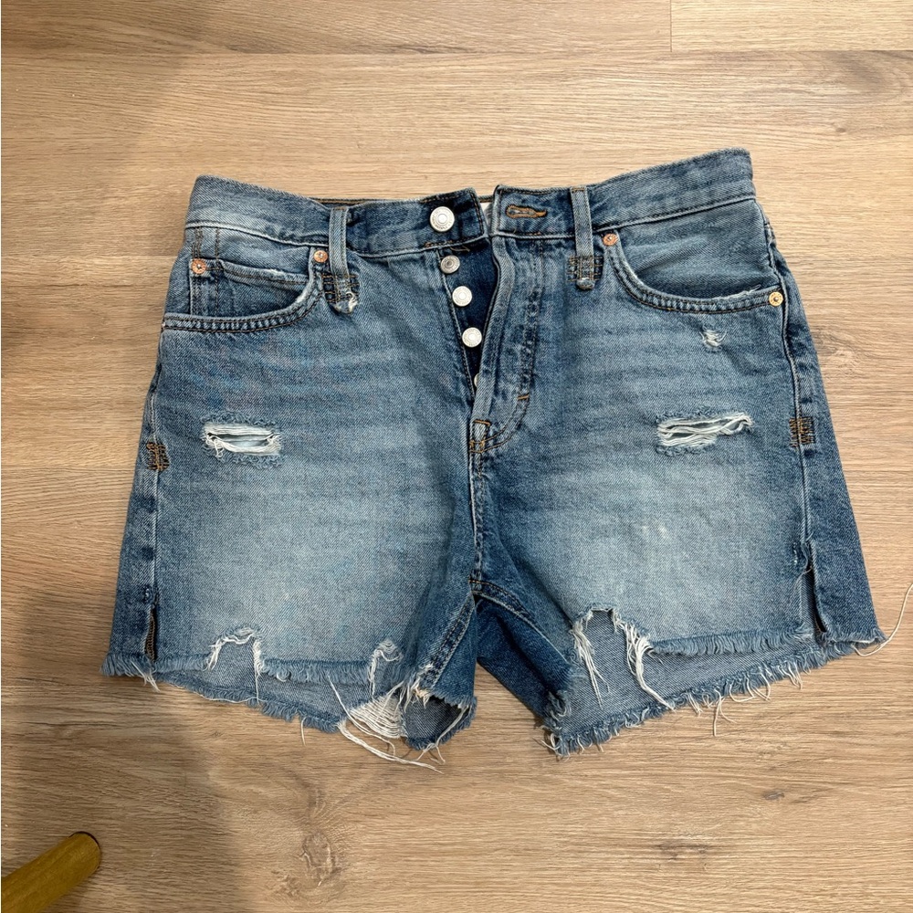 We The Free Blue Distressed Jean Shorts Frayed Hem